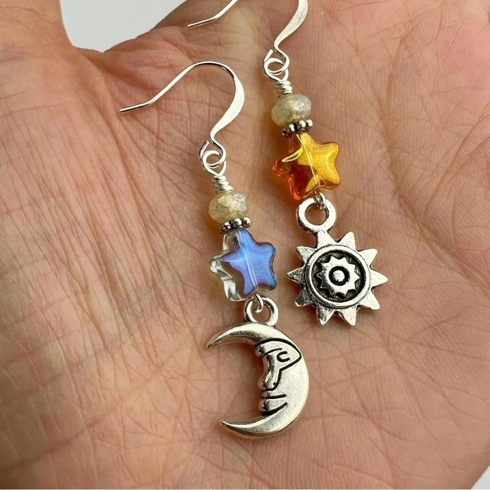 Silver Sun and Moon Dangle Earrings